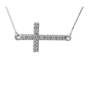 10K White Gold (0.10ct) Horizontal Cross Necklace