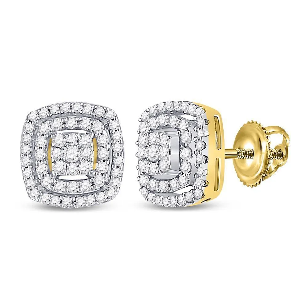 10K Yellow Gold Round Diamond Square Frame Cluster Earrings 1/4 Cttw