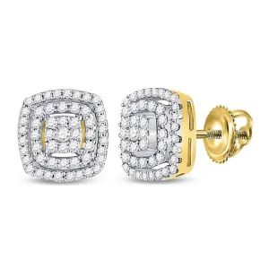 10K Yellow Gold Round Diamond Square Frame Cluster Earrings 1/4 Cttw