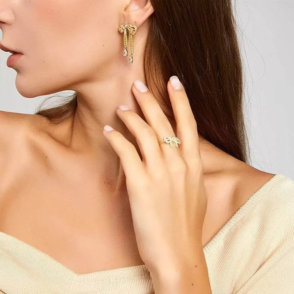 14k Gold Crystal Paved Bow Knot Simple Ring