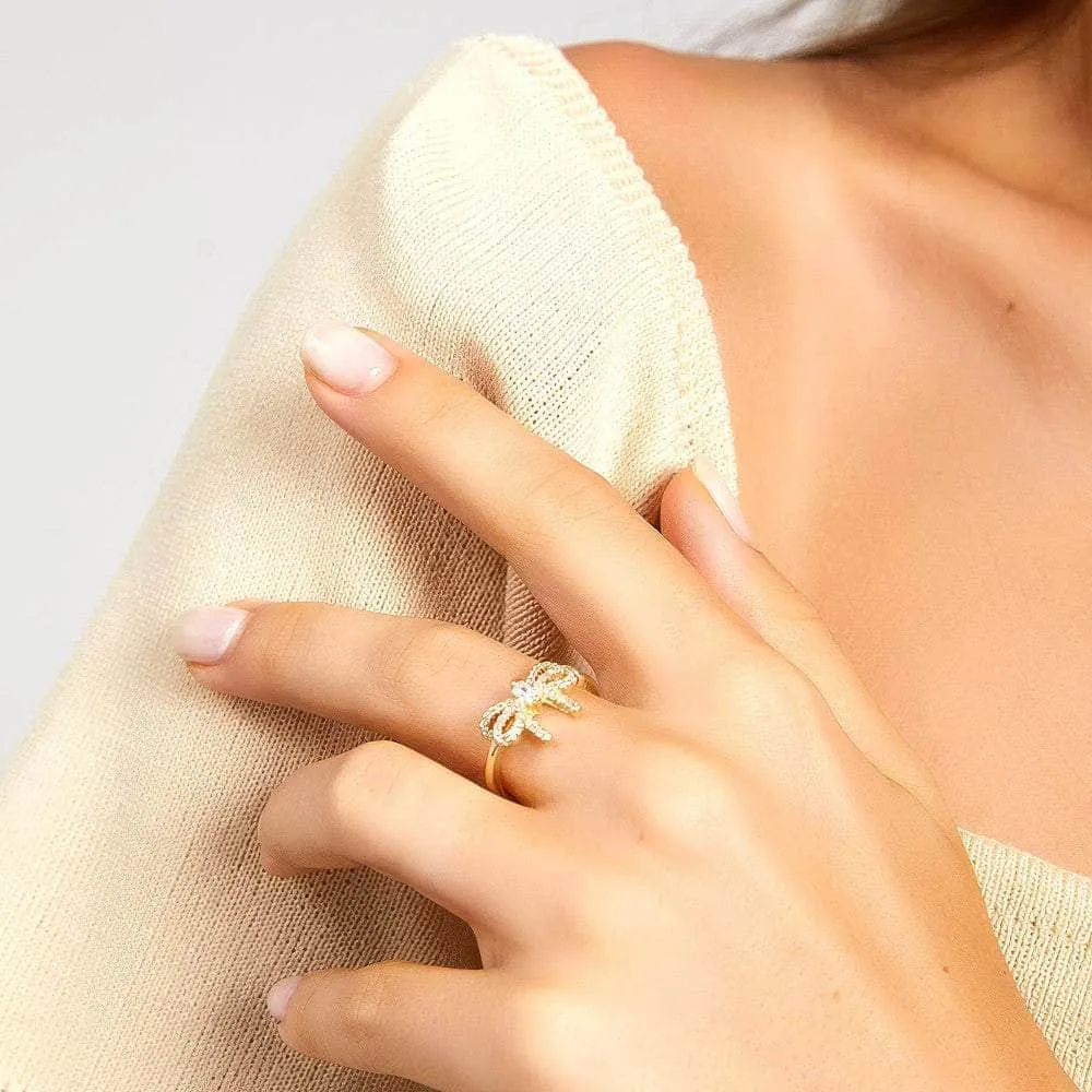 14k Gold Crystal Paved Bow Knot Simple Ring