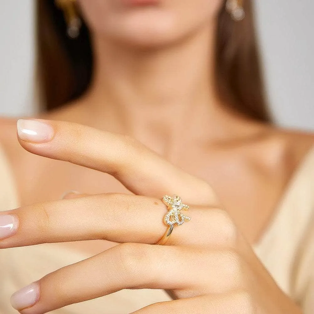 14k Gold Crystal Paved Bow Knot Simple Ring