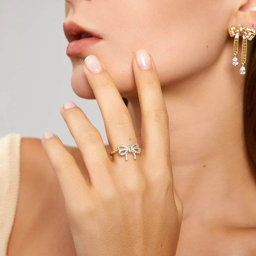 14k Gold Crystal Paved Bow Knot Simple Ring