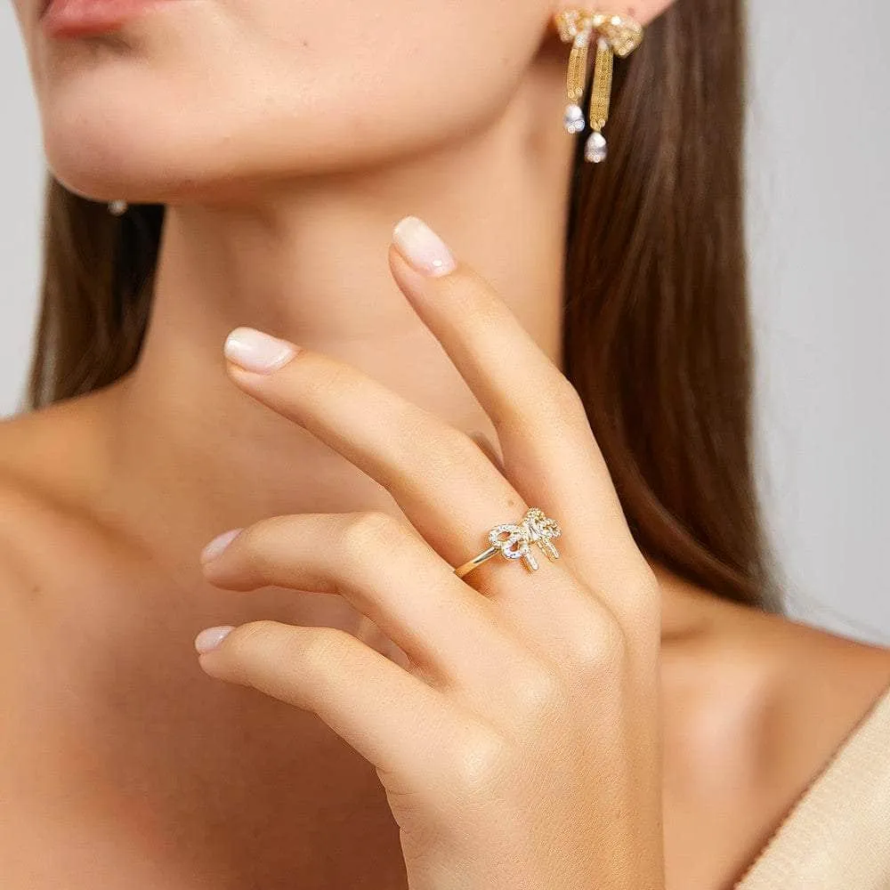 14k Gold Crystal Paved Bow Knot Simple Ring