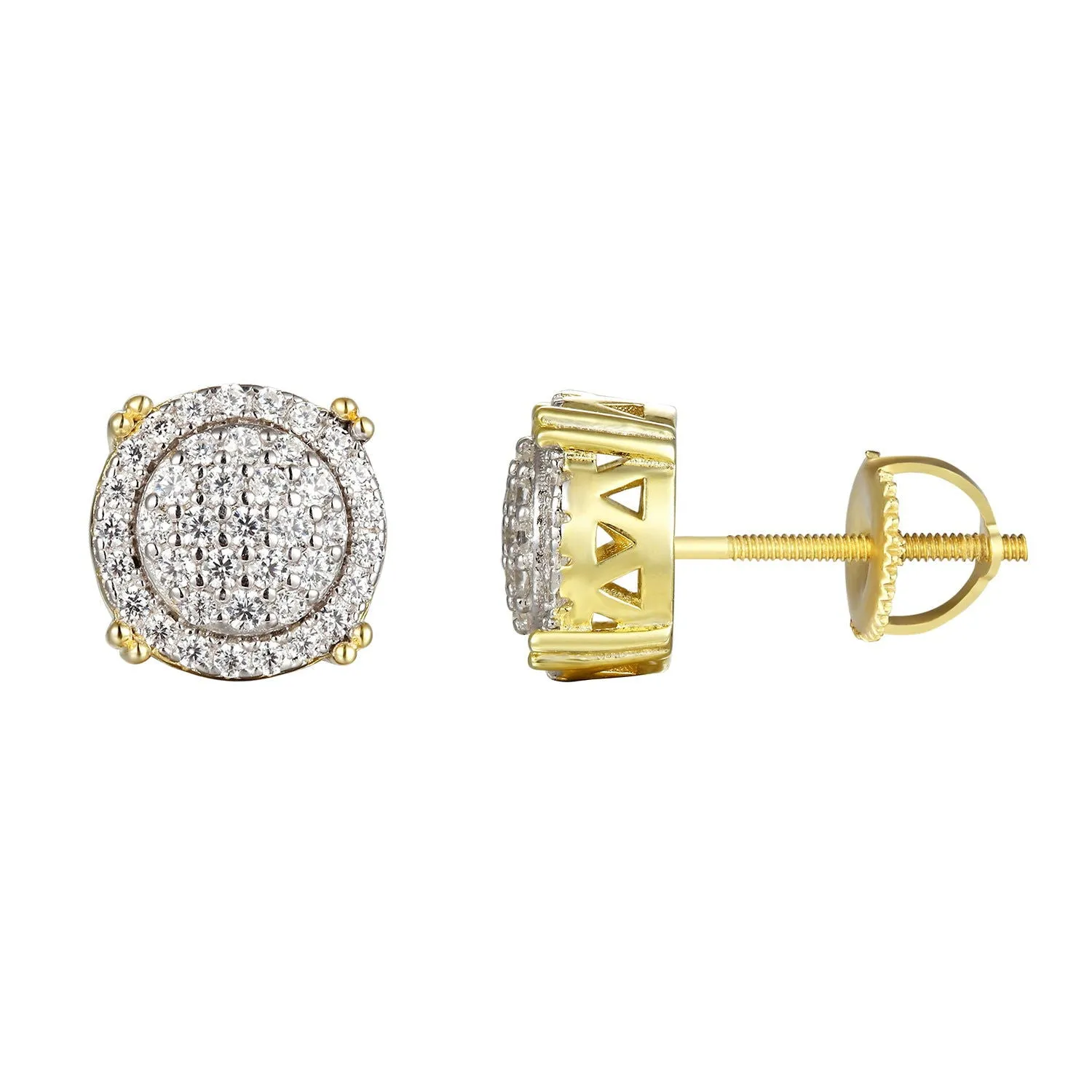 14k Gold Finish Solitaire Round Silver Stud Earrings