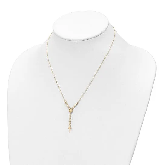 14K Gold Polished D/C Bead Miraculous Medal and Cross 17" Necklace