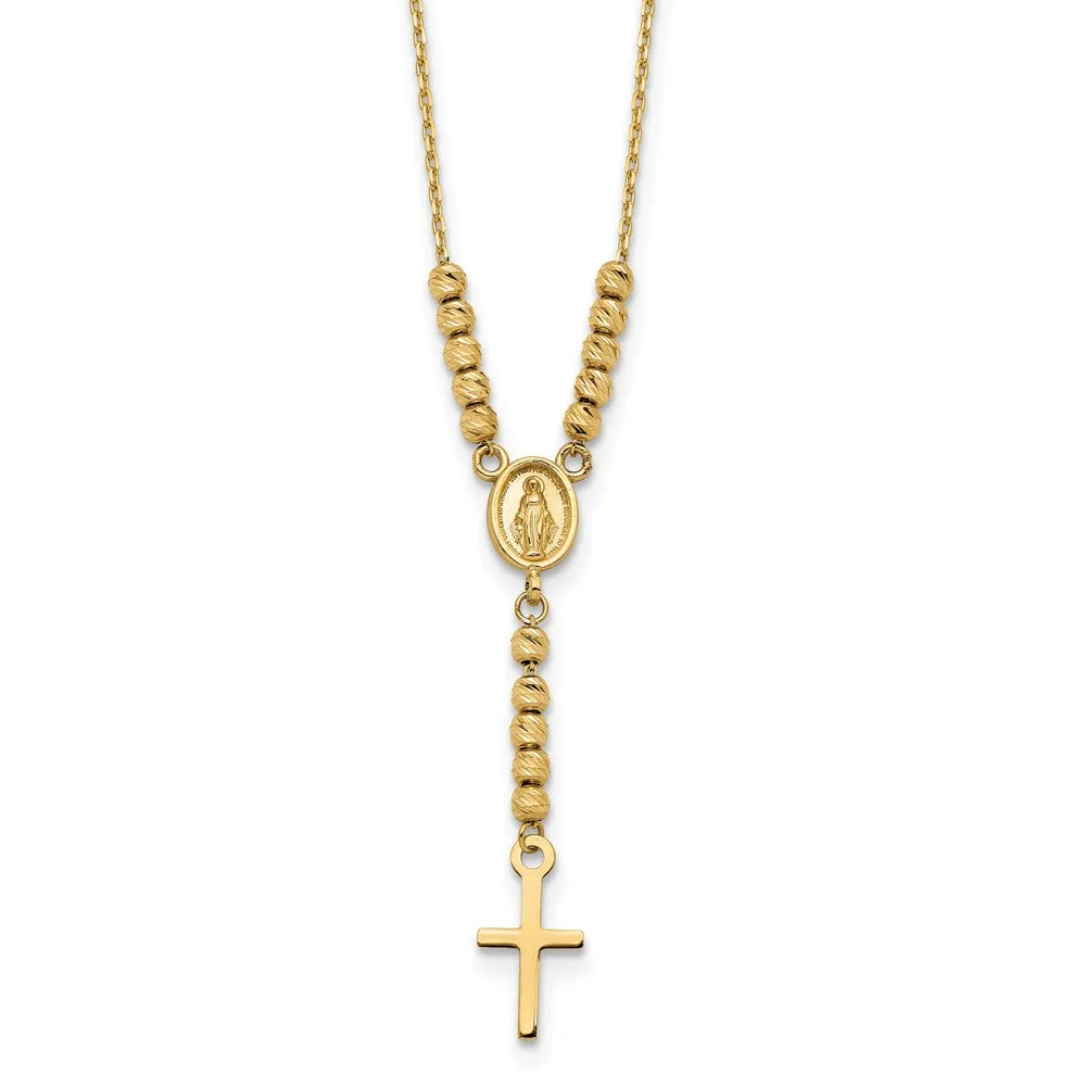 14K Gold Polished D/C Bead Miraculous Medal and Cross 17" Necklace