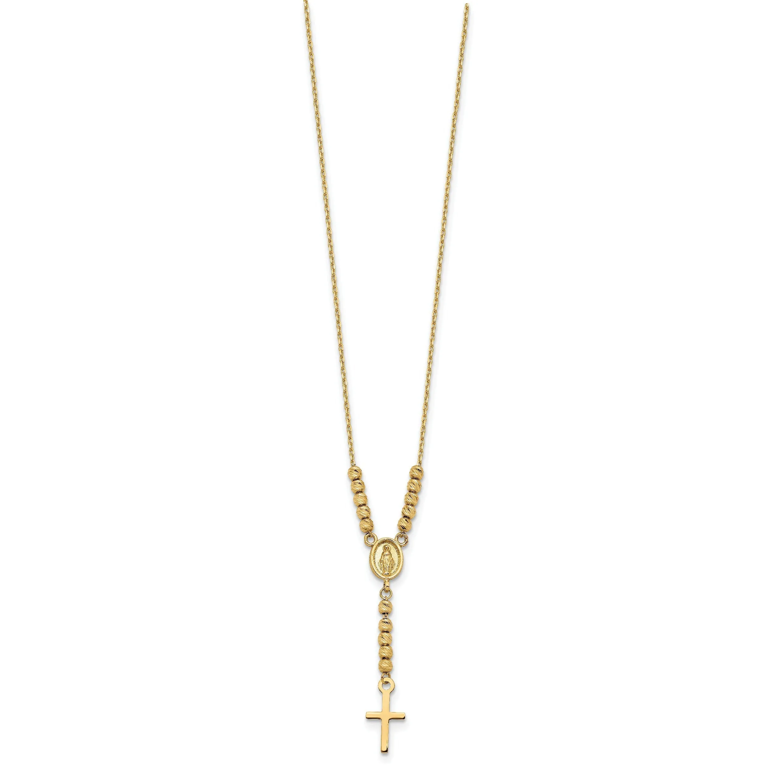 14K Gold Polished D/C Bead Miraculous Medal and Cross 17" Necklace