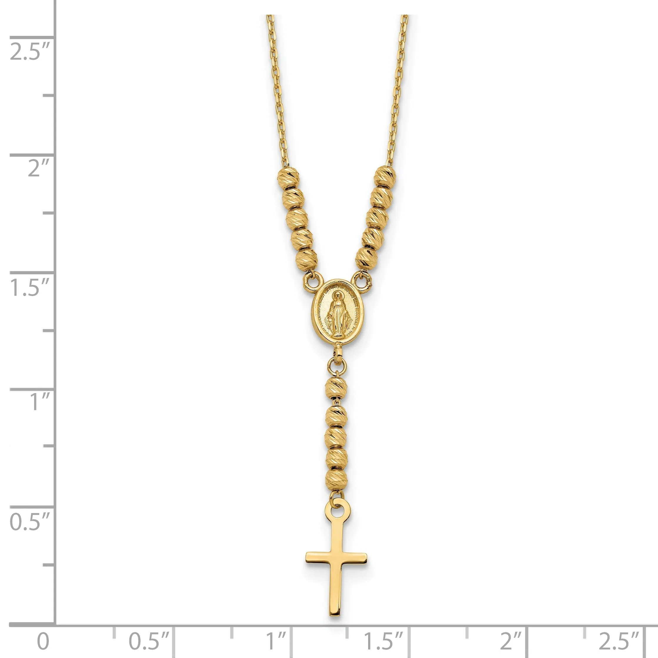 14K Gold Polished D/C Bead Miraculous Medal and Cross 17" Necklace