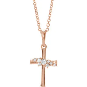 14K Rose .06 CTW Diamond Cluster Cross 16-18" Necklace
