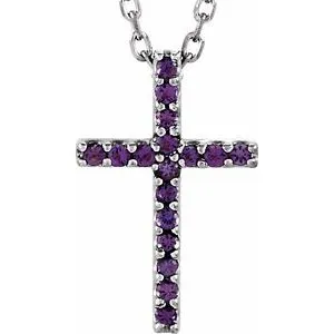 14K White Amethyst Petite Cross 16" Necklace