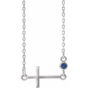 14K White Blue Sapphire Sideways Accented Cross 16-18" Necklace