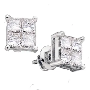14K White Gold Princess Diamond Square Cluster Stud Earrings 1/4 Cttw