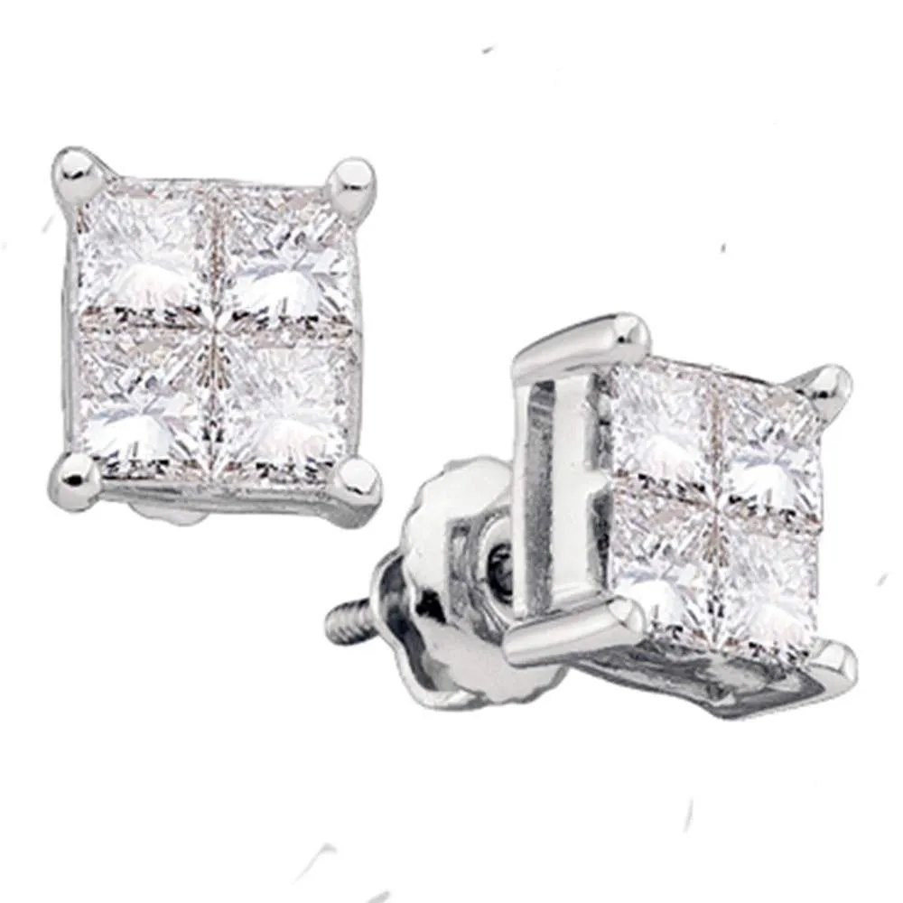 14K White Gold Princess Diamond Square Cluster Stud Earrings 1/4 Cttw