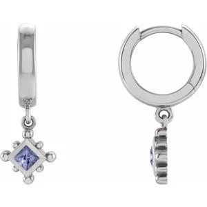14K White Natural Tanzanite Beaded Bezel-Set Hoop Earrings