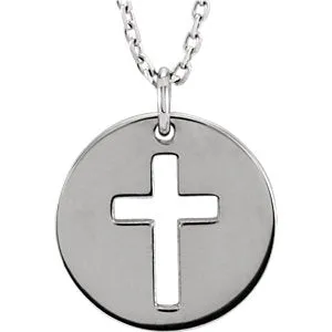 14K White Pierced Cross Disc 16-18" Necklace