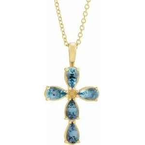 14K Yellow Aquamarine Cross 16-18" Necklace