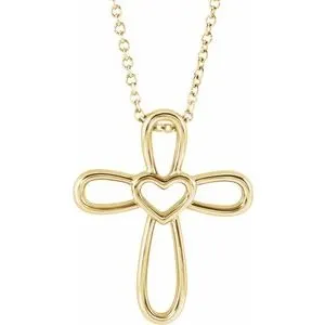 14K Yellow Cross with Heart 16-18" Necklace