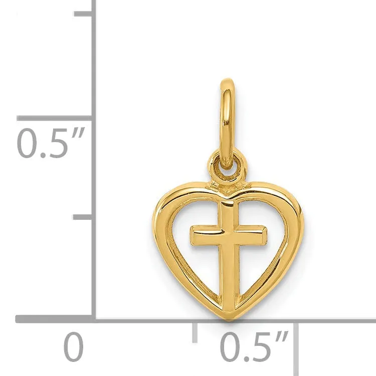 14k Yellow Gold Cross in Heart Charm Pendant
