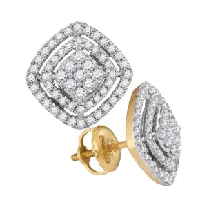 14K Yellow Gold Round Diamond Square Frame Cluster Earrings 1/2 Cttw