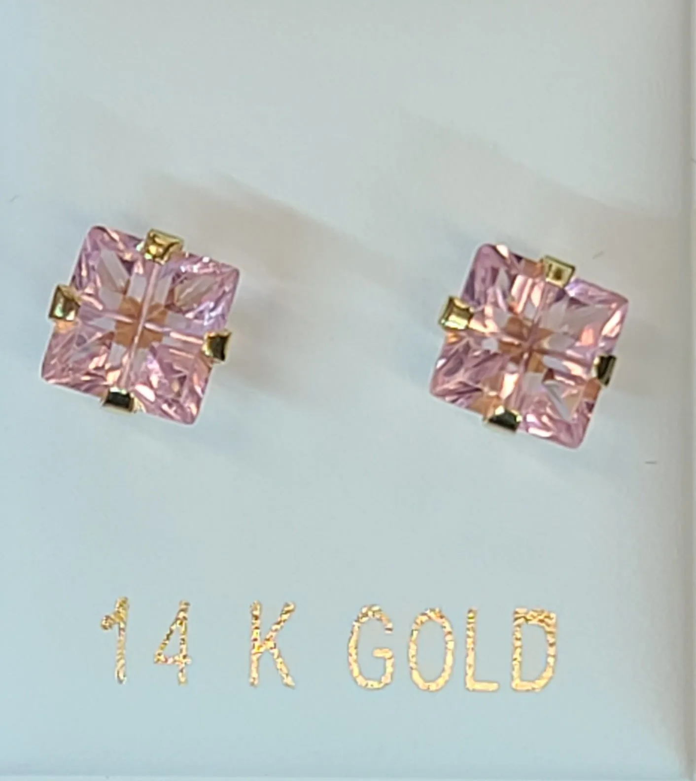 14k Yellow Gold Square Earrings with Pink Stone