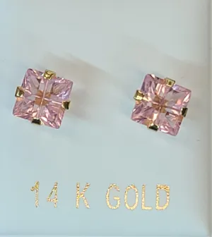14k Yellow Gold Square Earrings with Pink Stone