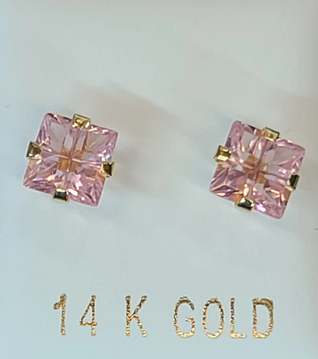 14k Yellow Gold Square Earrings with Pink Stone