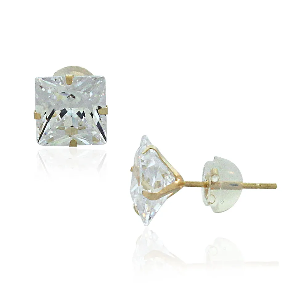 14K Yellow Gold Square Princess White Clear CZ Classic Stud Earrings, 7 mm