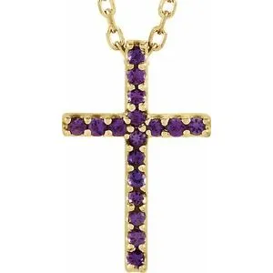 14K Yellow Natural Amethyst Petite Cross 16" Necklace