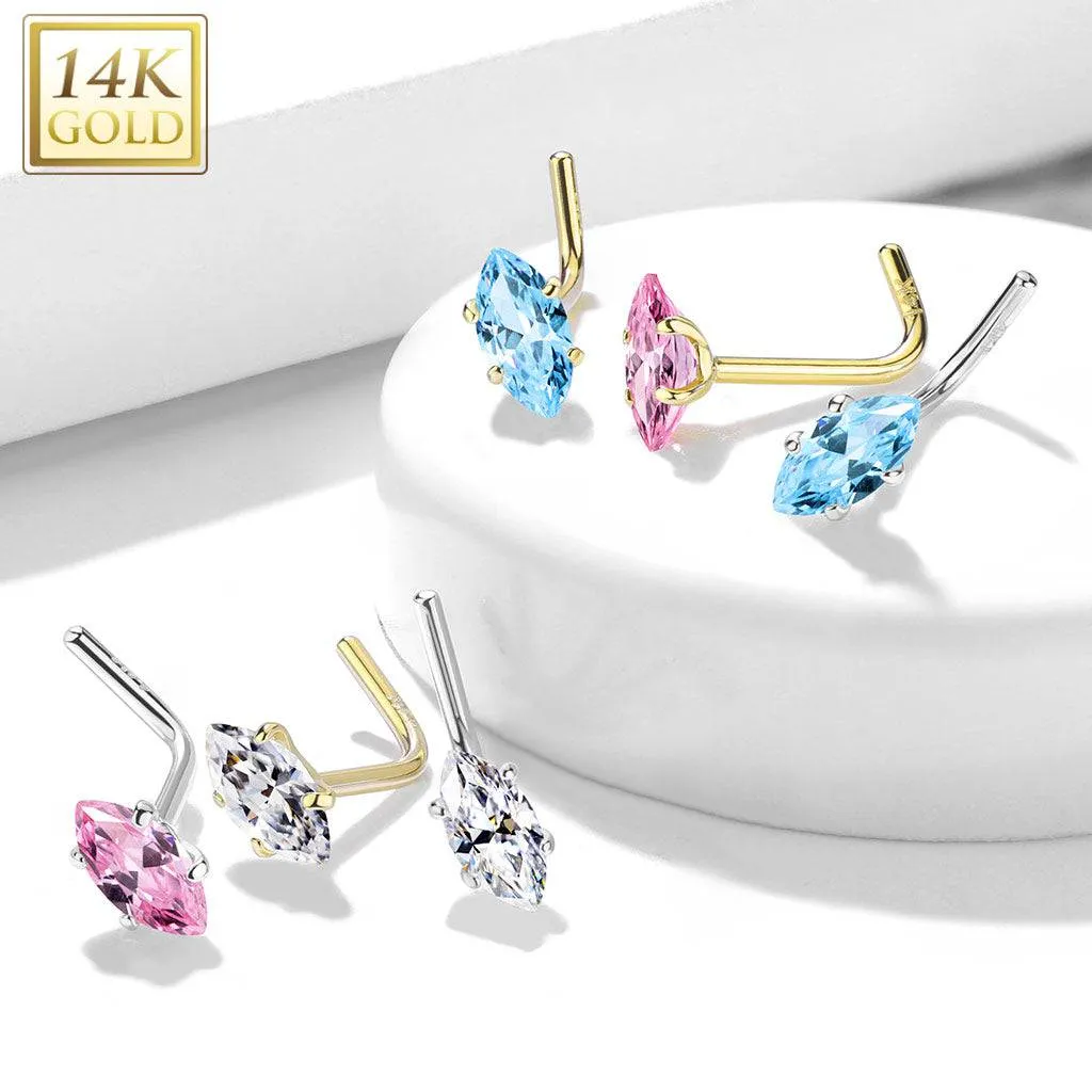 14KT Solid White Gold L Shape Pink Marquise CZ Nose Ring Stud