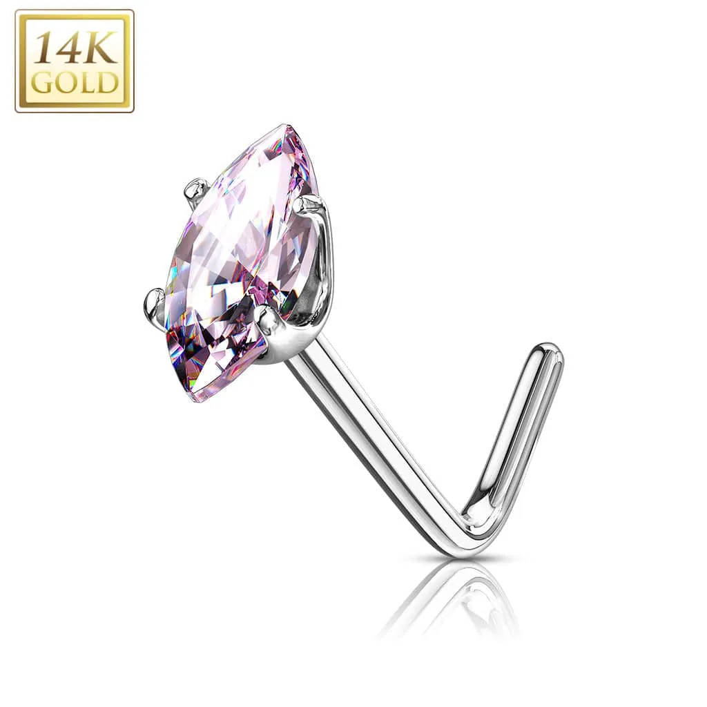 14KT Solid White Gold L Shape Pink Marquise CZ Nose Ring Stud