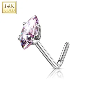 14KT Solid White Gold L Shape Pink Marquise CZ Nose Ring Stud