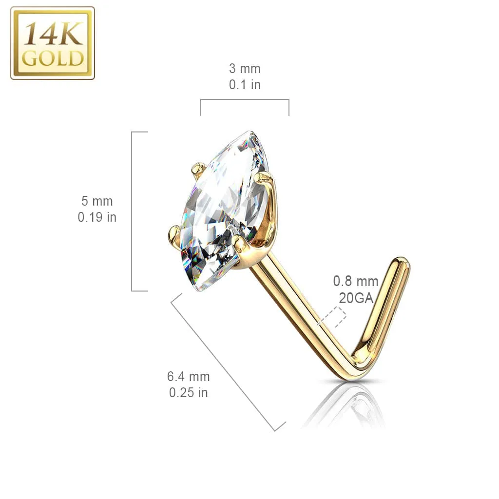 14KT Solid White Gold L Shape Pink Marquise CZ Nose Ring Stud