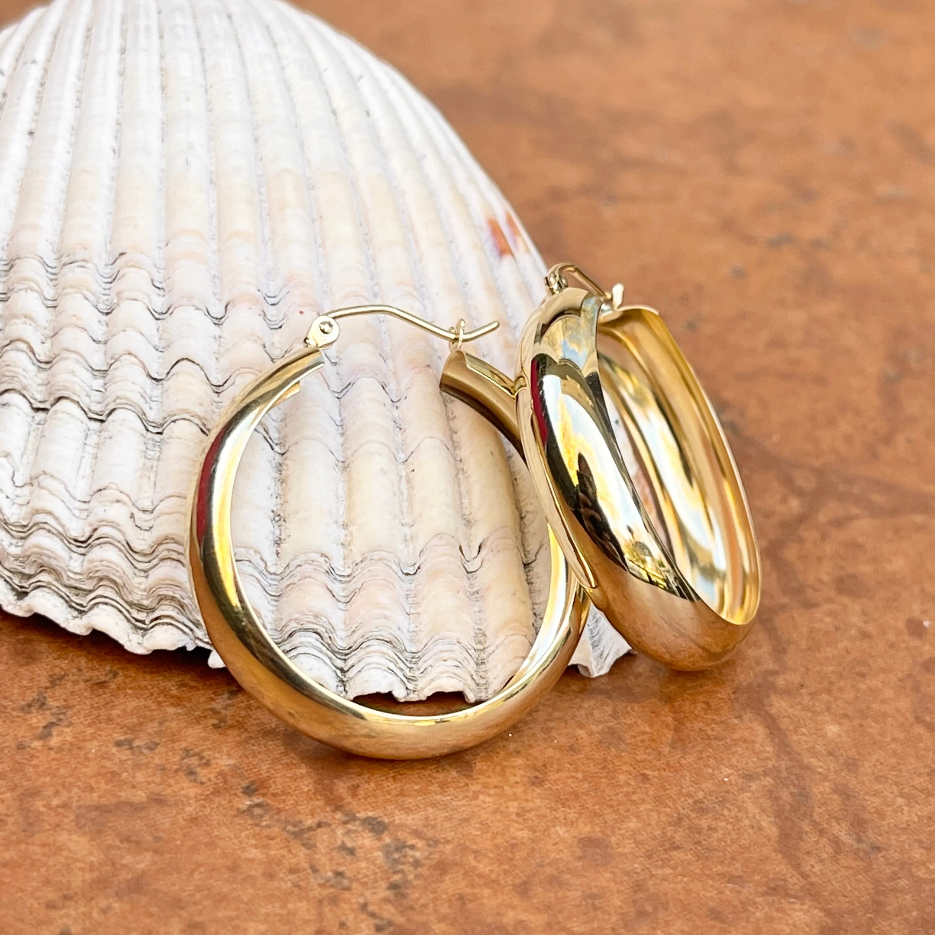 14KT Yellow Gold Shiny Rounded 6.75mm Wide Hoop Earrings 28mm