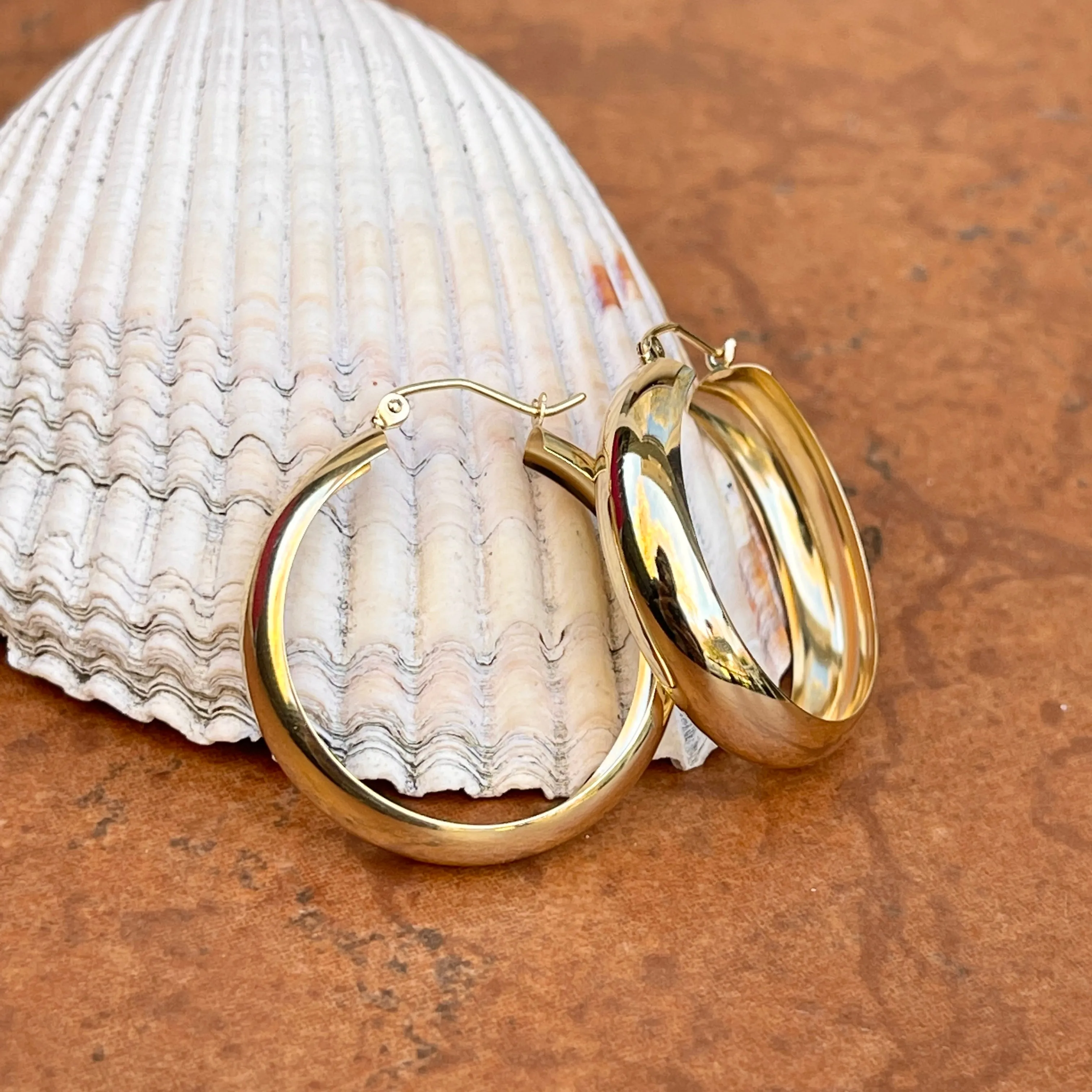 14KT Yellow Gold Shiny Rounded 6.75mm Wide Hoop Earrings 28mm