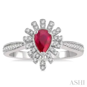 1/5 Ctw Lattice Pear Shape 6x4mm Ruby & Round Cut Diamond Precious Ring in 10K White Gold