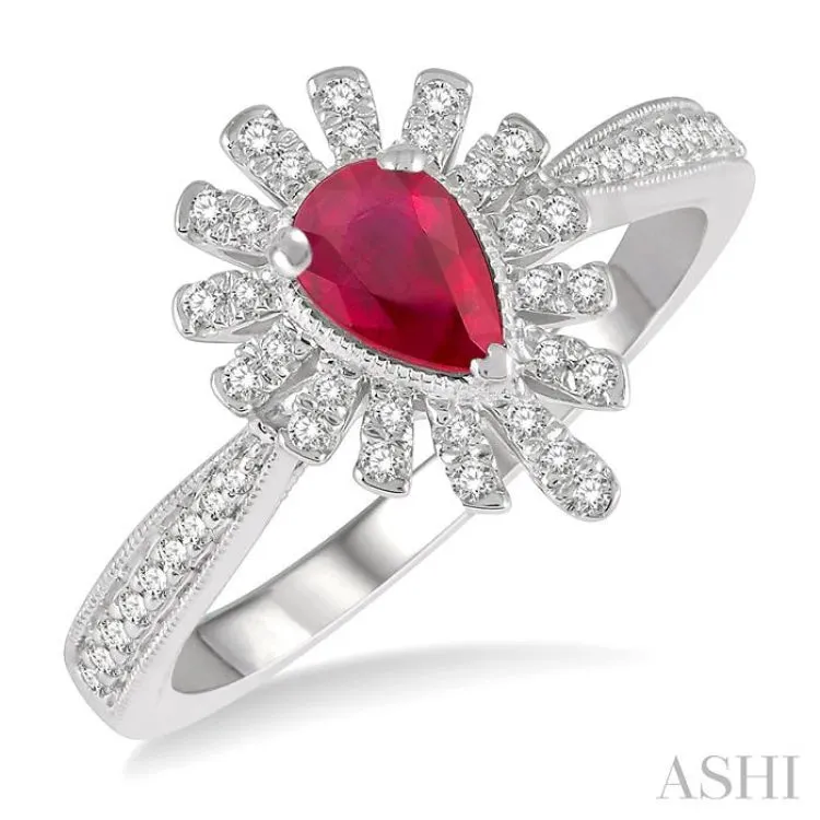 1/5 Ctw Lattice Pear Shape 6x4mm Ruby & Round Cut Diamond Precious Ring in 10K White Gold