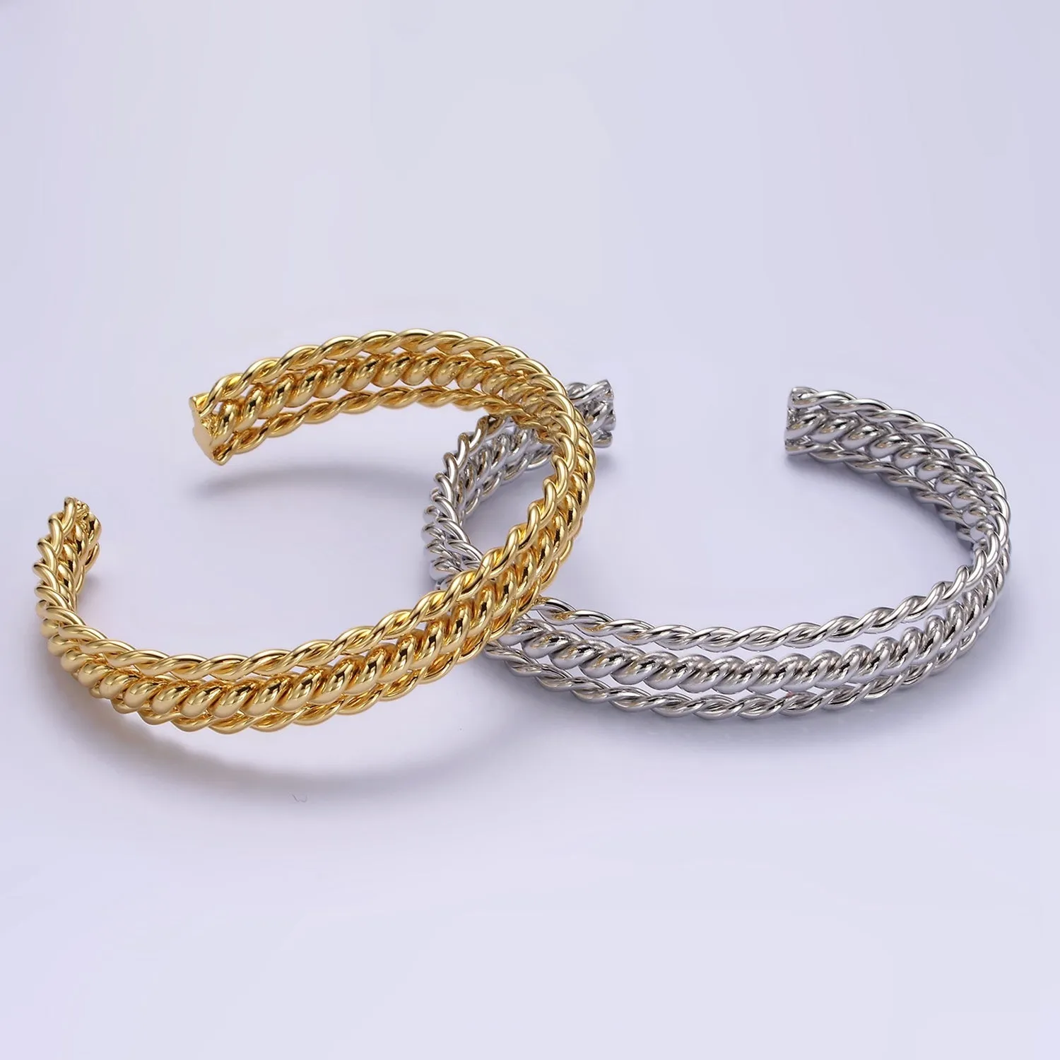 16K Gold Filled Triple Twisted Rope Cuff Bangle Bracelet in Gold & Silver | WA-1918 WA-1919
