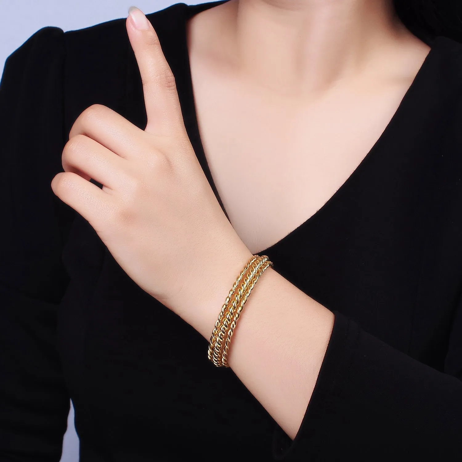 16K Gold Filled Triple Twisted Rope Cuff Bangle Bracelet in Gold & Silver | WA-1918 WA-1919
