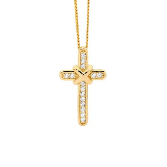 18ct Yellow Gold Plated Sterling Silver Cross Pendant with Cubic Zirconia P775G