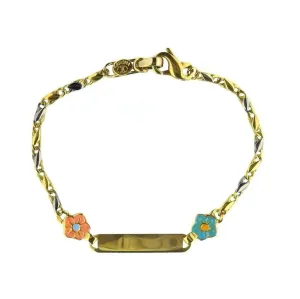 18K Two Tone Gold Pink and Blue Enamel Flower ID Bracelet