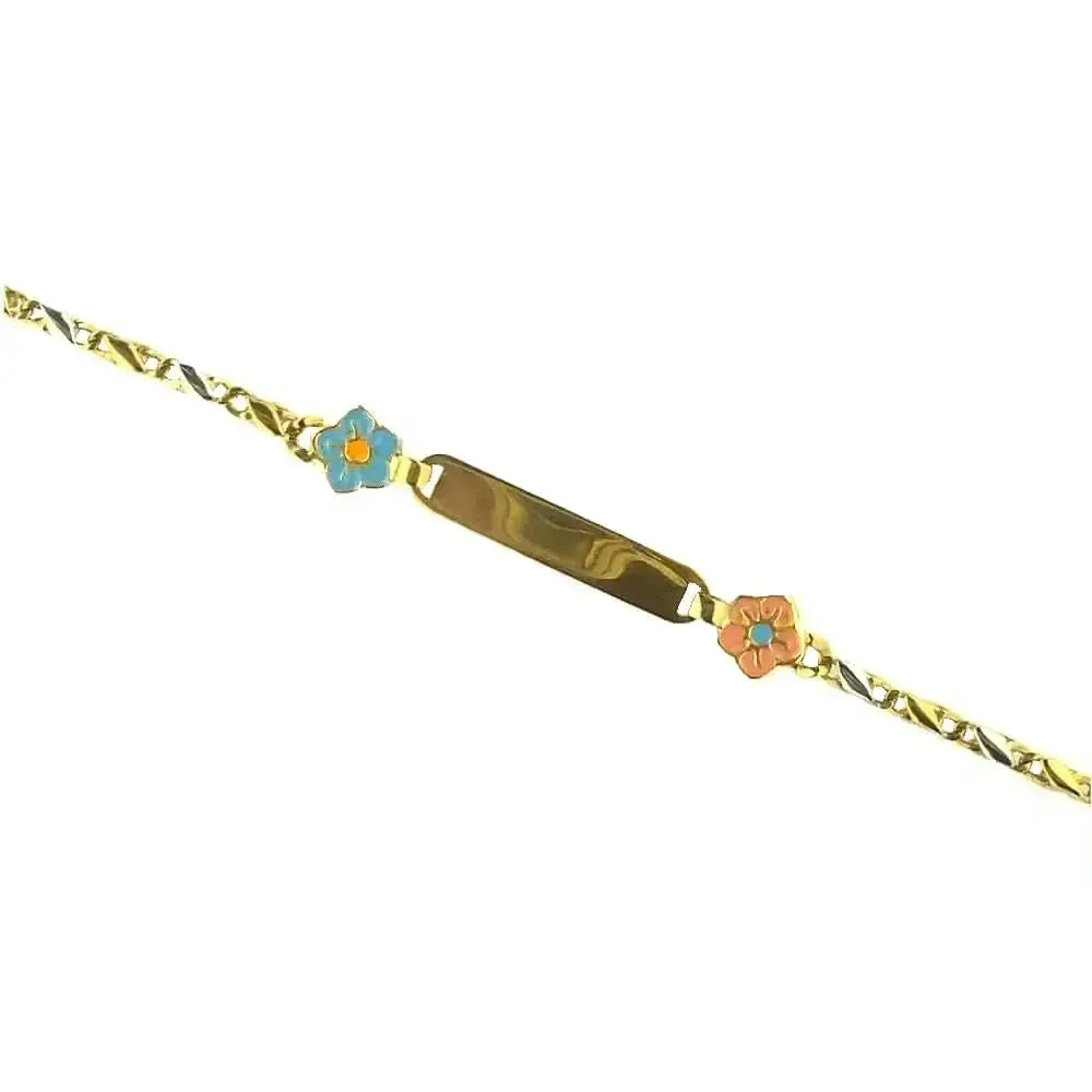 18K Two Tone Gold Pink and Blue Enamel Flower ID Bracelet