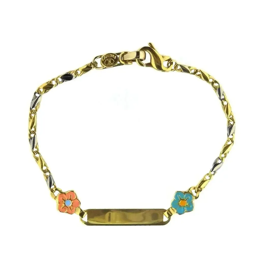 18K Two Tone Gold Pink and Blue Enamel Flower ID Bracelet
