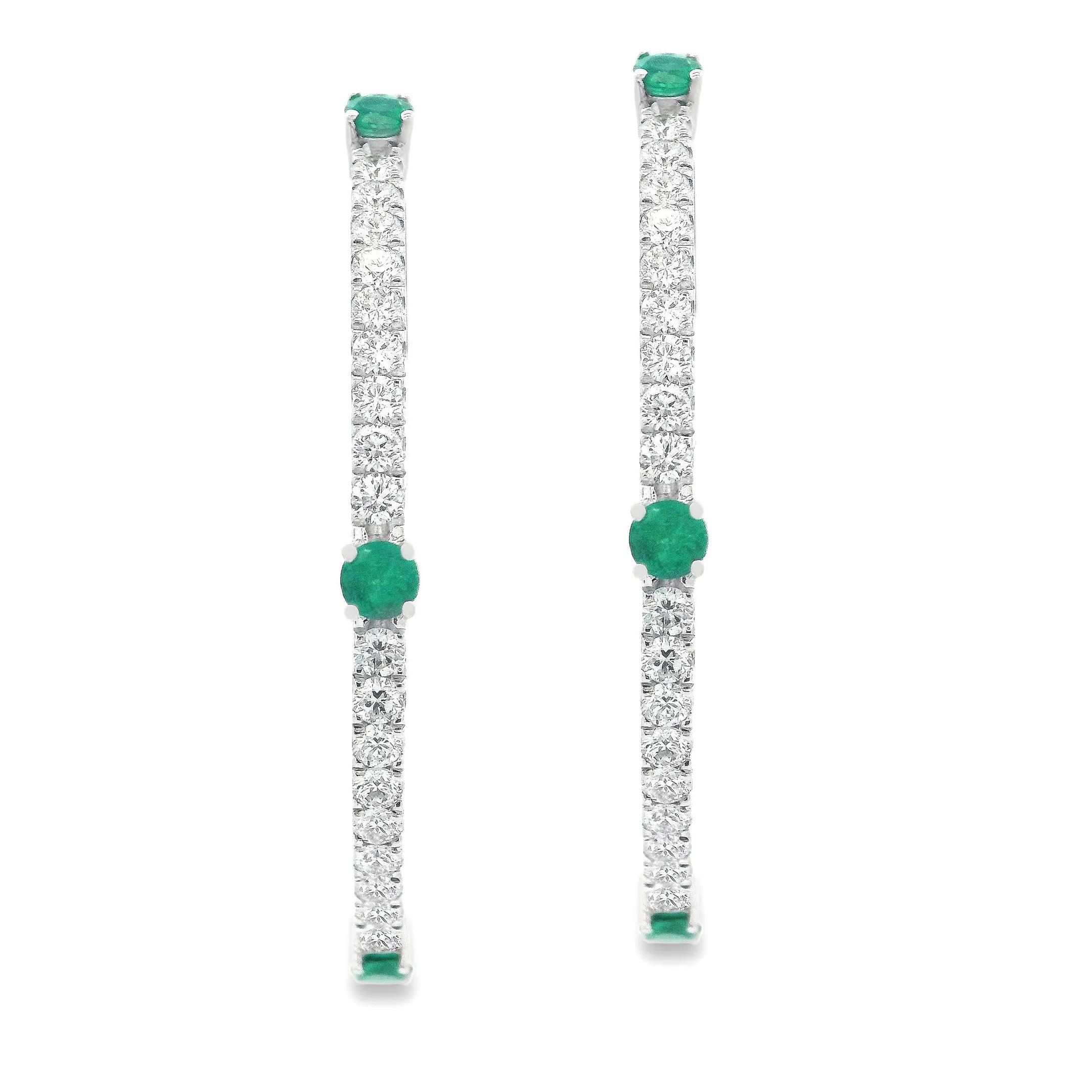 18k White Gold Diamond and Emerald Hoops