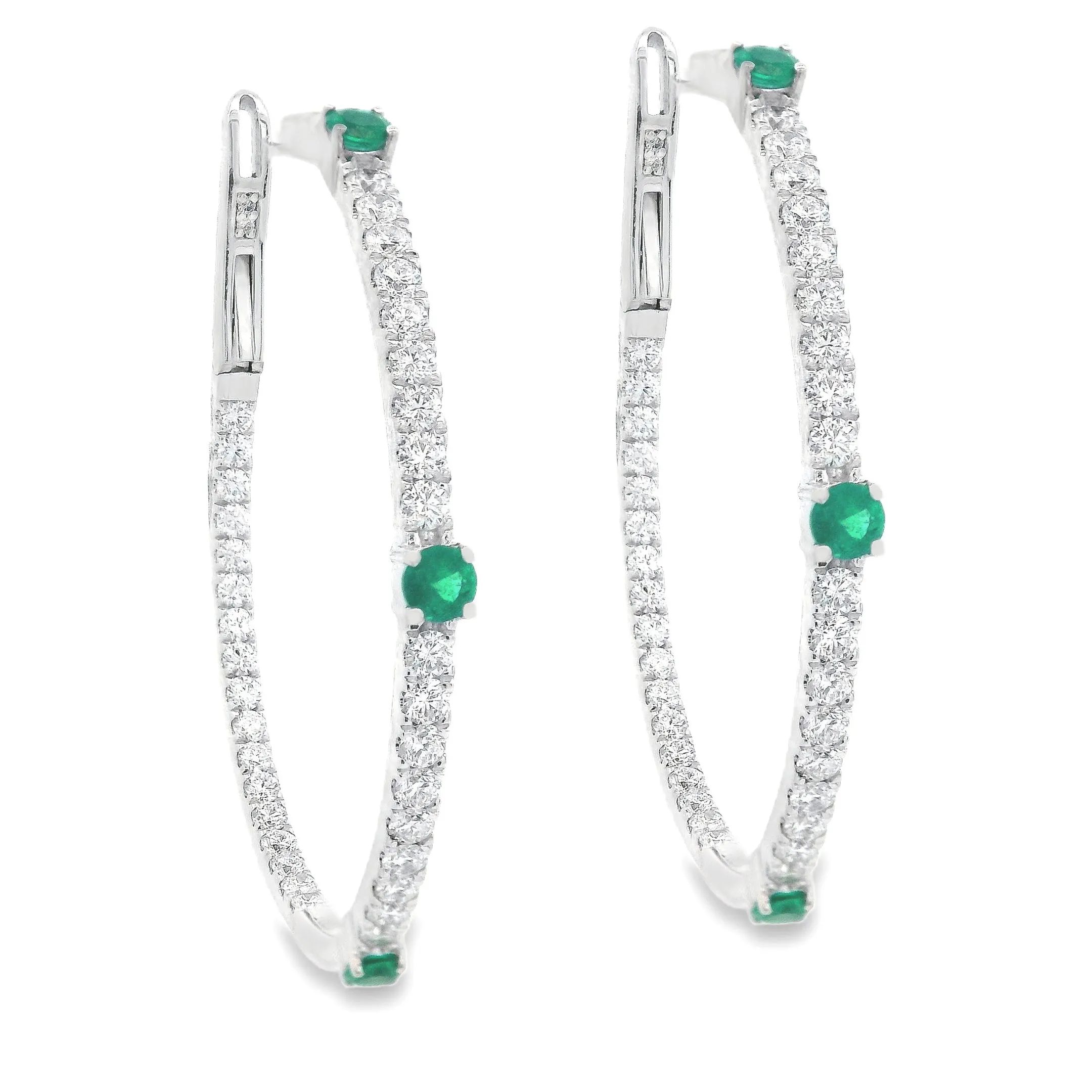 18k White Gold Diamond and Emerald Hoops