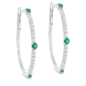 18k White Gold Diamond and Emerald Hoops