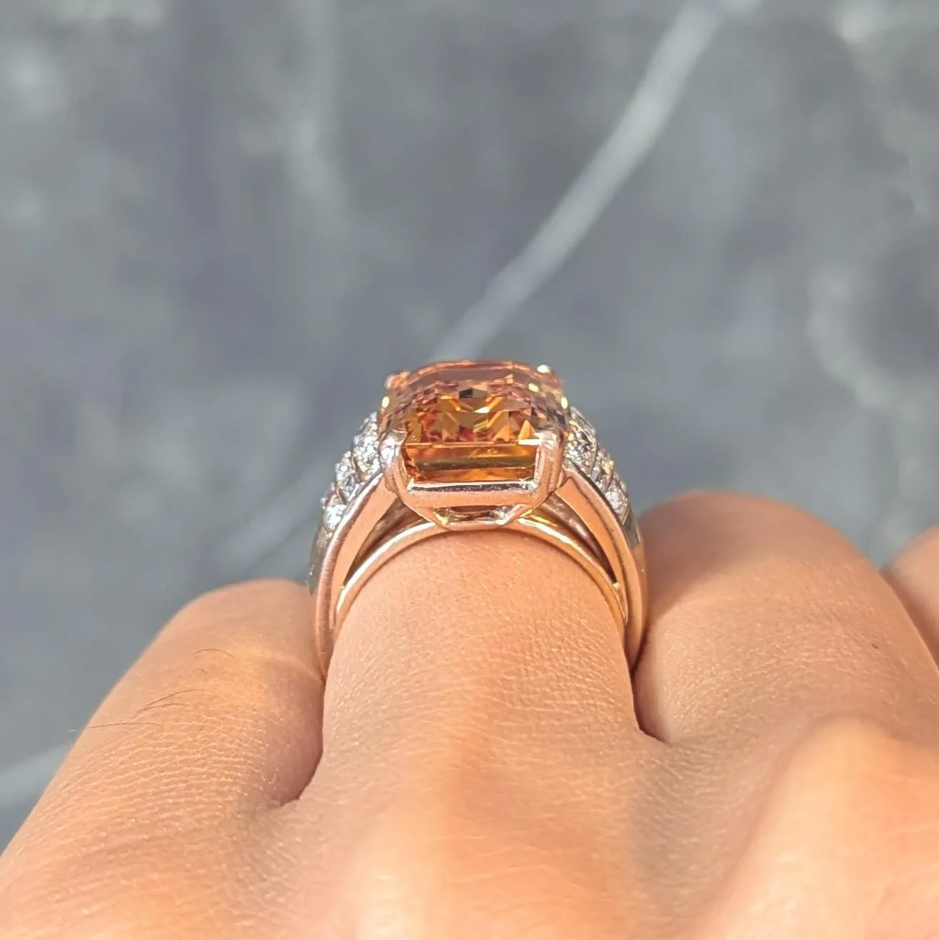1980's 12.25 CTW Imperial Topaz Diamond 14 Karat Yellow Gold Vintage Cocktail Ring