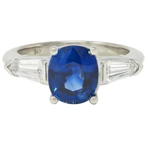 1980's 2.36 CTW Ceylon Sapphire Diamond 14 Karat White Gold Vintage Three Stone Ring GIA