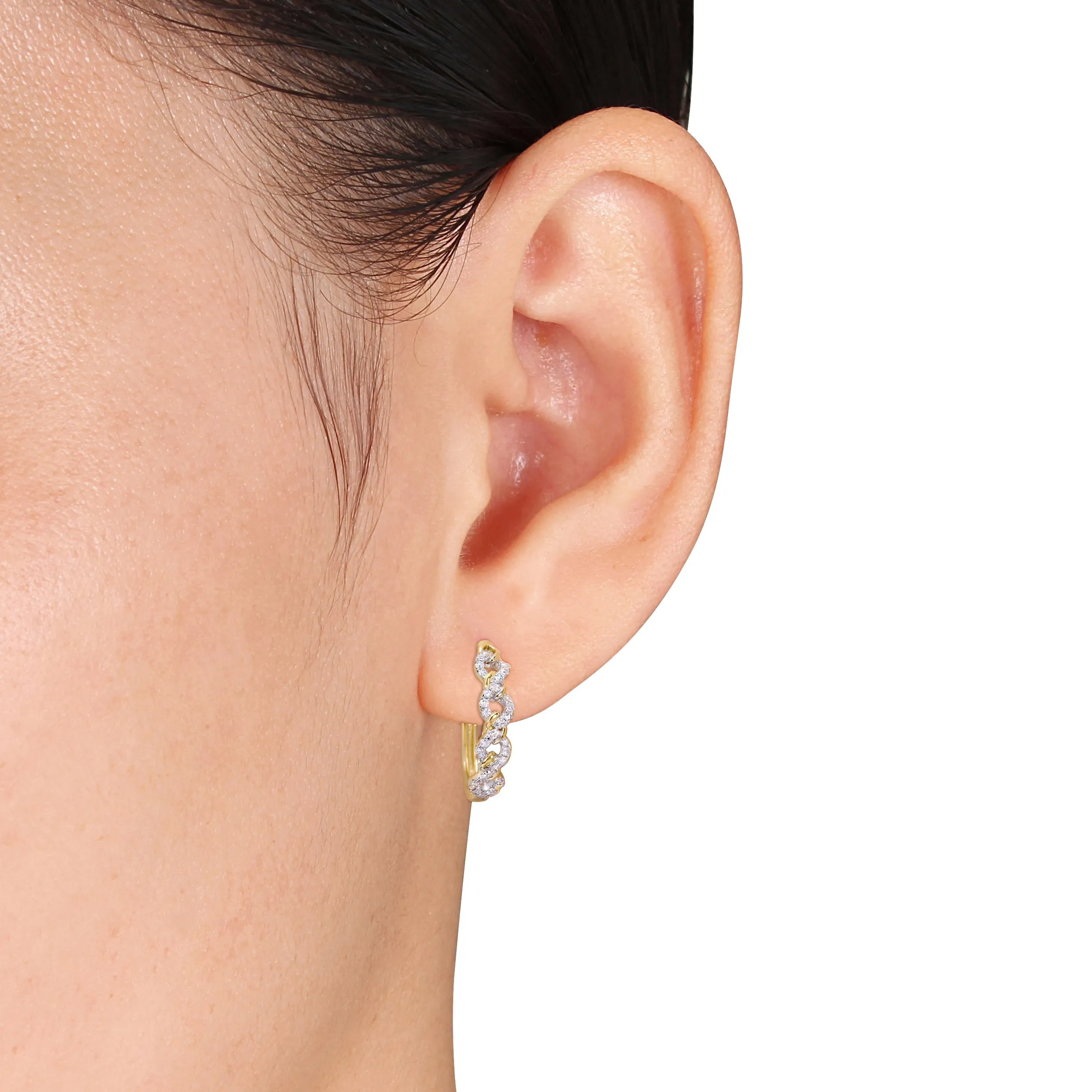 1OK Yellow Gold Round Diamond Cuban Curb Link Hoop Earrings