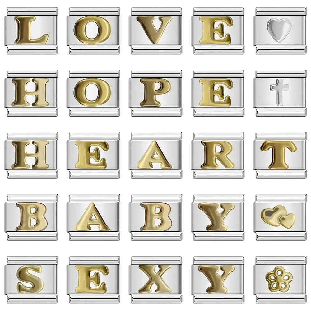 26 Gold Letters Italian Charm Links Fit 9mm Stainless Steel Bracelet Making DIY Jewelry